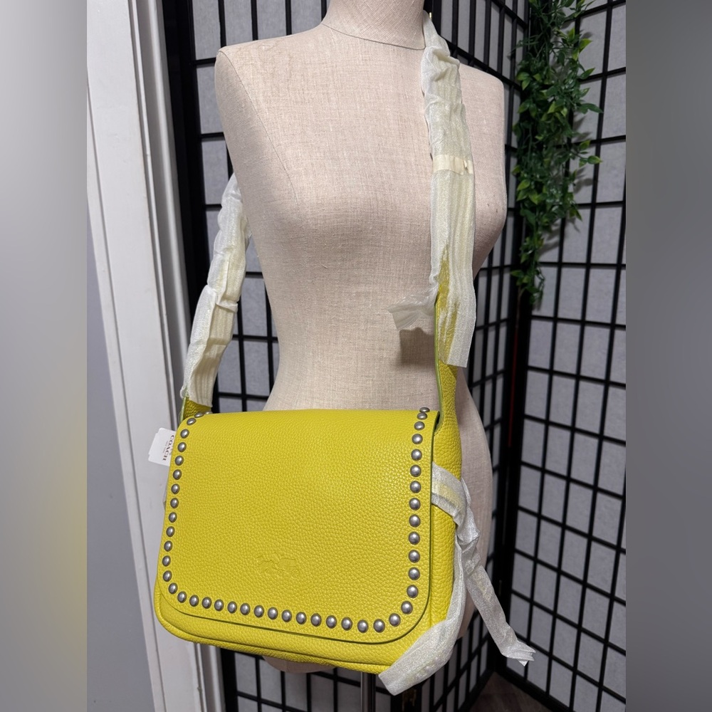 Coach Rivets Dakotah Crossbody Calf Leather Yellow Studded Bag color slime - Picture 2 of 5